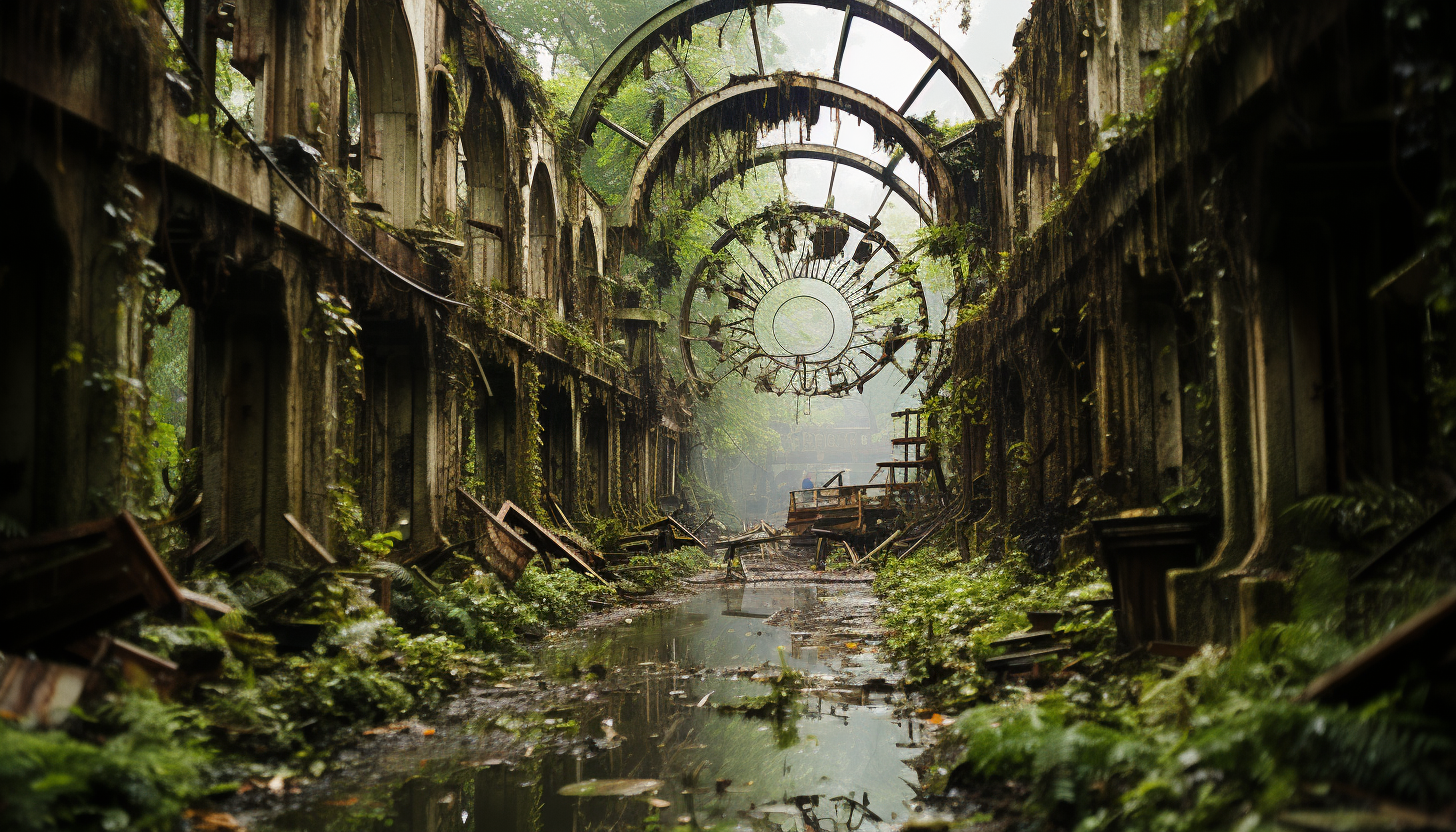 Abandoned amusement park reclaimed by nature, with overgrown roller coasters, a rusting Ferris wheel, and a hauntingly beautiful atmosphere.