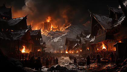 Traditional Viking village during a winter festival, with longhouses, a roaring bonfire, villagers in period attire, and a snowy landscape.