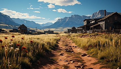 Old Western ghost town at high noon, abandoned wooden buildings, a dusty main street, tumbleweeds, and distant mountains.