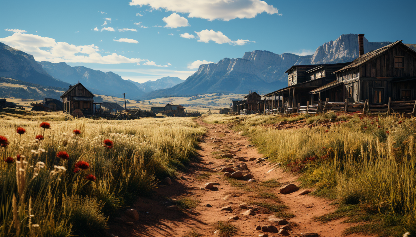 Old Western ghost town at high noon, abandoned wooden buildings, a dusty main street, tumbleweeds, and distant mountains.