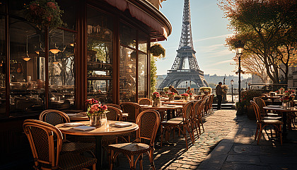 Classic Parisian café on a sunny morning, with outdoor seating, fresh pastries on display, and the Eiffel Tower visible in the distance.