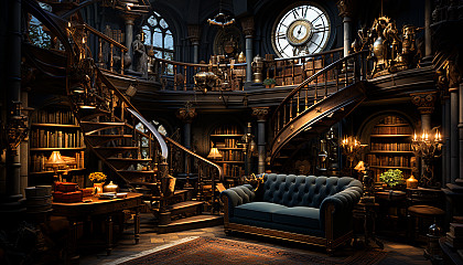 Ancient library with towering bookshelves, hidden alcoves, antique globes, and a grand spiral staircase leading to mysterious upper levels.