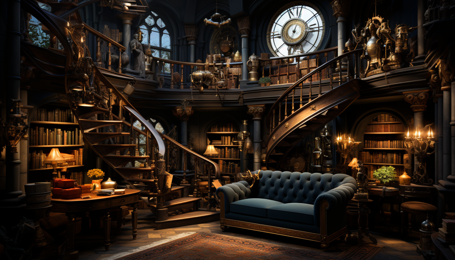 Ancient library with towering bookshelves, hidden alcoves, antique globes, and a grand spiral staircase leading to mysterious upper levels.