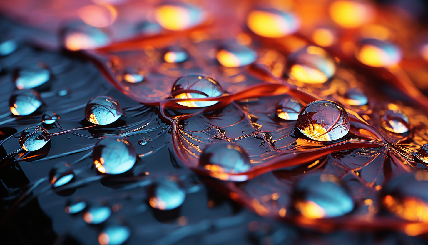 Close-up of dew drops refracting light on a spider web.