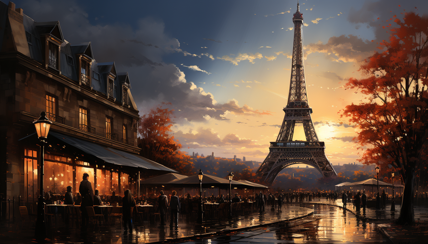 Classic 1920s Parisian café scene, with elegant patrons, waiters in period attire, vintage cars, and the Eiffel Tower in the background.