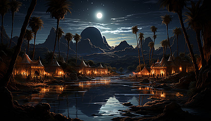 Mystical desert oasis at night, featuring a tranquil pool, palm trees, a bedouin tent, under a sky full of stars and a crescent moon.