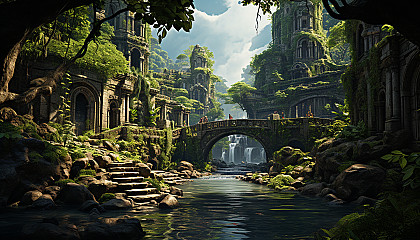 Lush tropical rainforest with a hidden waterfall, exotic birds, a suspended rope bridge, and ancient ruins peering through the foliage.