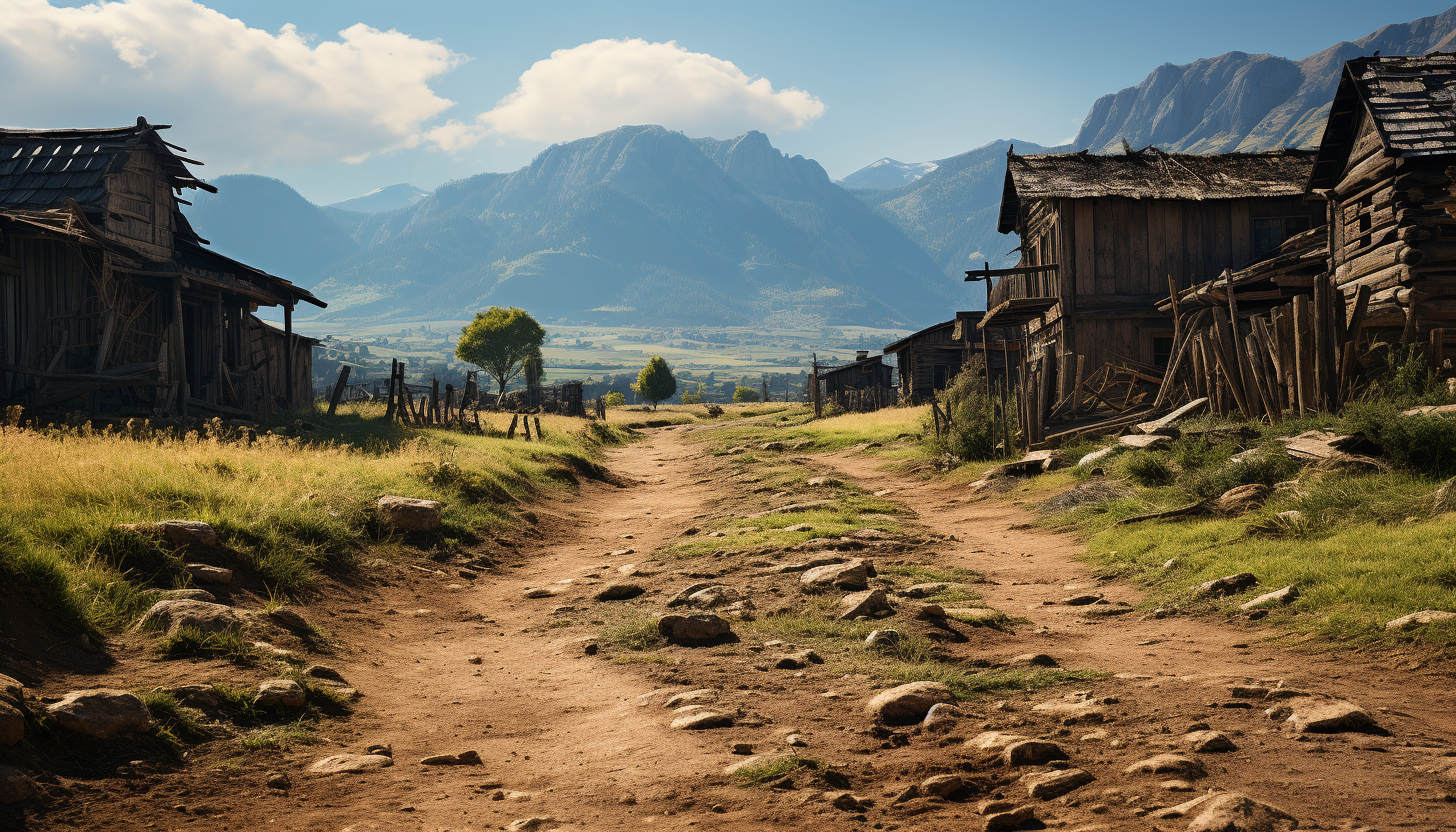 Old Western ghost town at high noon, abandoned wooden buildings, a dusty main street, tumbleweeds, and distant mountains.