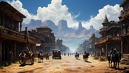 Old Western town at high noon, with dusty streets, saloons, horse-drawn carriages, and cowboys in a standoff.