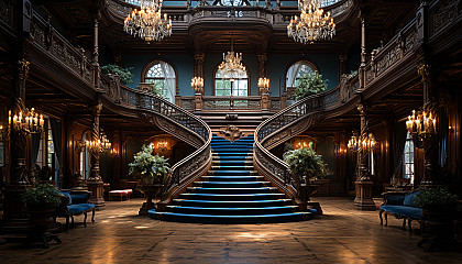 Grand ballroom from the Victorian era, with elegant dancers, opulent chandeliers, and a grand staircase.