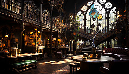 Large, ancient library with towering bookshelves, spiral staircases, antique globes, and a large stained glass window casting colorful light.