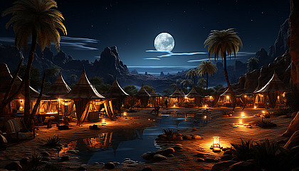 Desert oasis at night, with a star-filled sky, Bedouin tents, a serene pool of water, and camels resting by palm trees.