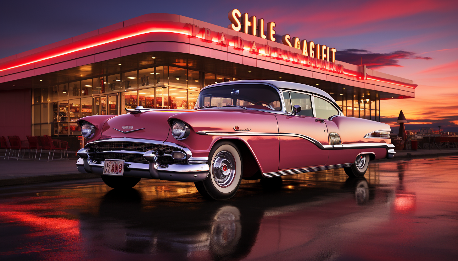 Classic American diner at dawn, with vintage cars parked outside, neon signage, checkerboard flooring, and patrons enjoying breakfast.