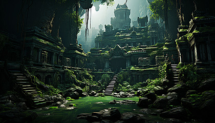 Abandoned ancient temple in a dense jungle, with overgrown vines, mysterious statues, and a hidden treasure chest.