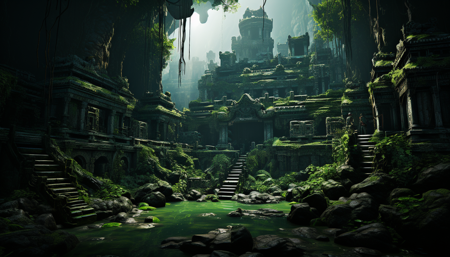 Abandoned ancient temple in a dense jungle, with overgrown vines, mysterious statues, and a hidden treasure chest.