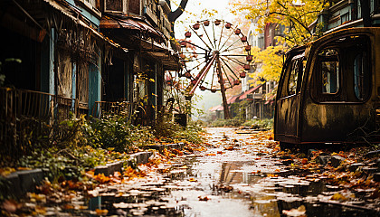 Abandoned amusement park overgrown with nature, rusting roller coasters, a still Ferris wheel, and a hauntingly beautiful carousel.