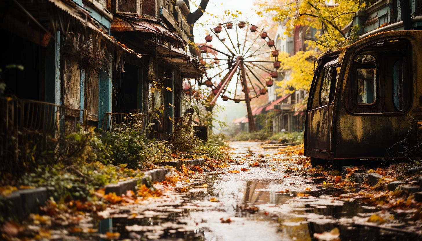 Abandoned amusement park overgrown with nature, rusting roller coasters, a still Ferris wheel, and a hauntingly beautiful carousel.