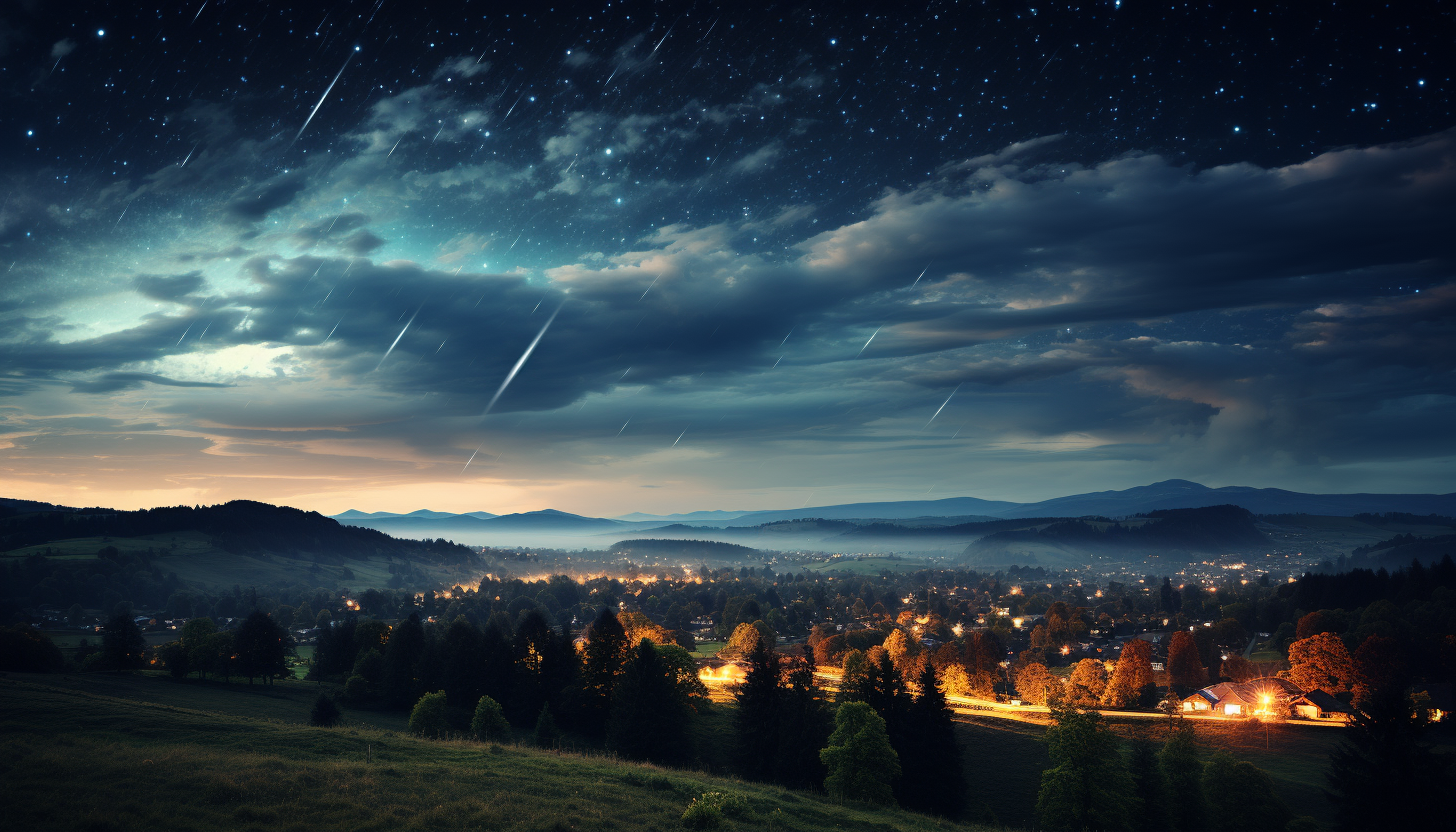 A meteor shower streaking across the night sky.