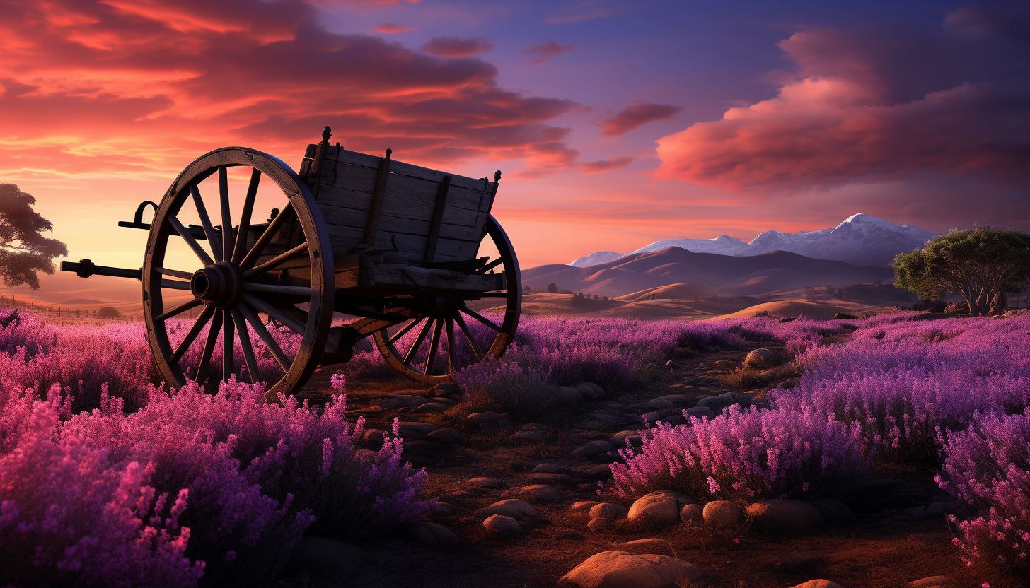 Serene lavender field at dawn, with a rustic wooden cart, a gentle mist, and the first rays of the sun illuminating the flowers.