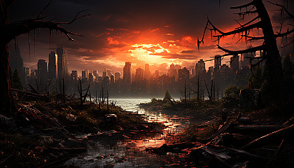 Apocalyptic cityscape with overgrown buildings, nature reclaiming the land, survivors in makeshift shelters, and a dramatic sky.