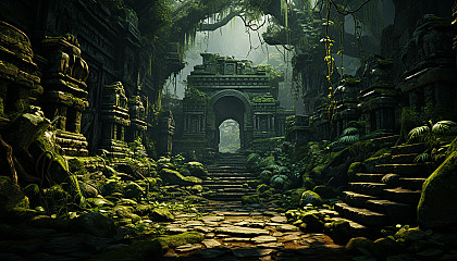 Abandoned ancient temple in the jungle, overgrown with vines, mysterious statues, and a hidden treasure chest.