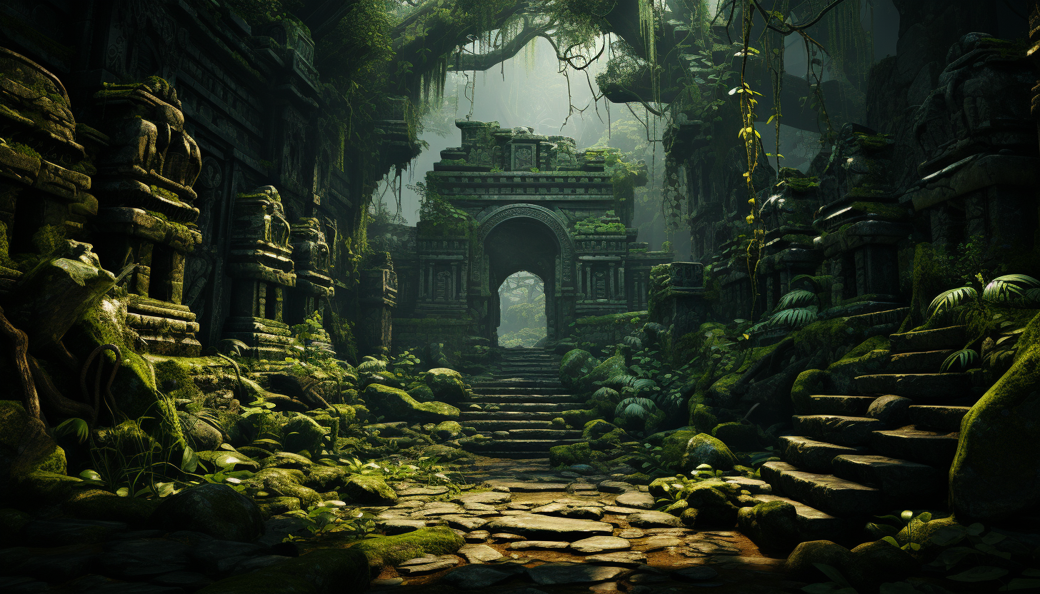 Abandoned ancient temple in the jungle, overgrown with vines, mysterious statues, and a hidden treasure chest.