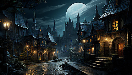 Moonlit medieval village, with cobblestone streets, thatched-roof cottages, a horse-drawn carriage, and a distant castle silhouette.