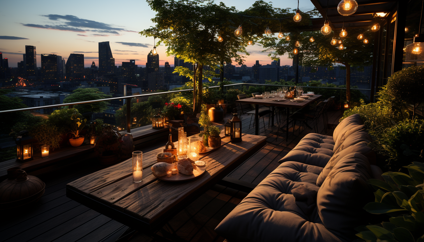 Rooftop garden in a modern city, with a variety of plants, comfortable seating, string lights, and skyscrapers in the background.