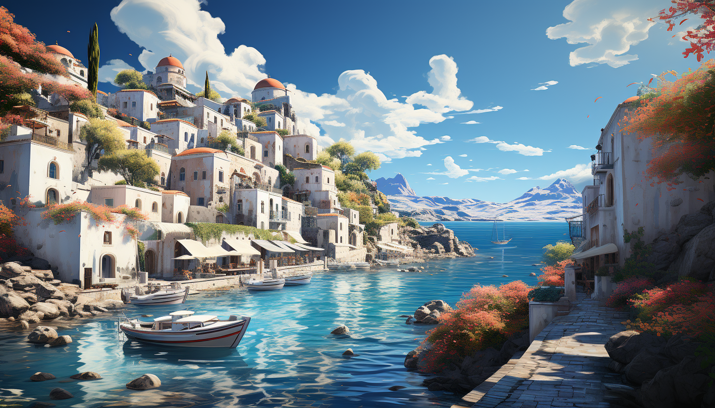 Mediterranean coastal village, white-washed buildings, blue domes, flowering balconies, and fishing boats in the azure sea.