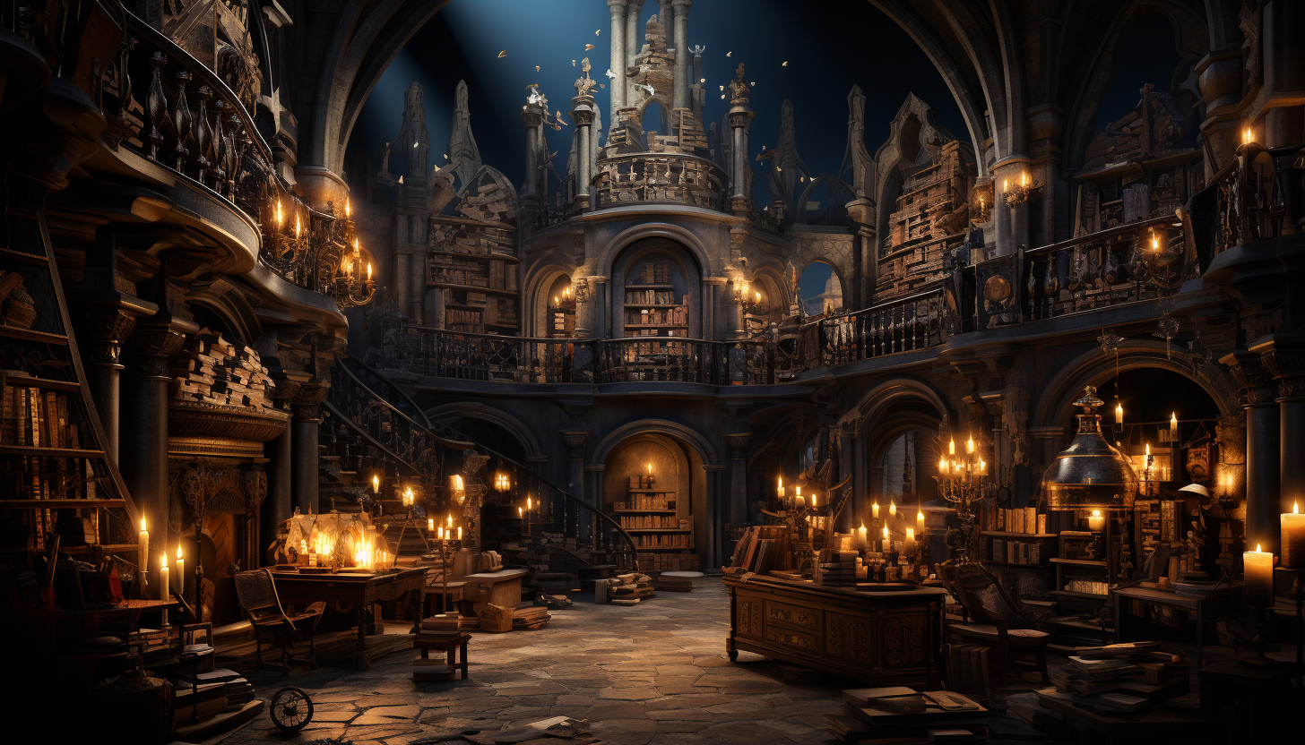 Ancient library with towering bookshelves, hidden alcoves, and a grand spiral staircase, lit by candlelight and filled with ancient tomes.