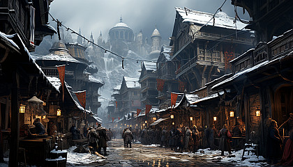 Medieval castle during a winter snowfall, with knights on horseback, snow-covered turrets, and villagers gathered around a market.