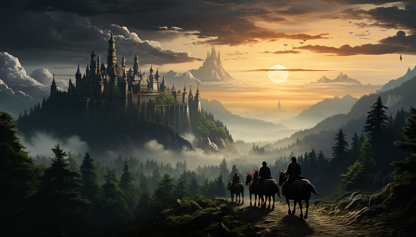 Medieval castle on a misty cliff, surrounded by a dense forest, with knights on horseback and a dragon silhouette in the distant sky.