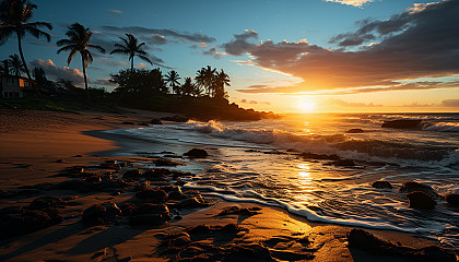 Tranquil beach at dawn, with soft waves, a hammock between palm trees, a surfboard in the sand, and a seagull flying overhead.