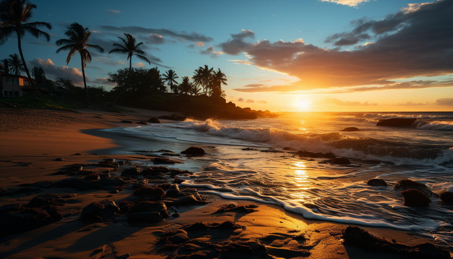 Tranquil beach at dawn, with soft waves, a hammock between palm trees, a surfboard in the sand, and a seagull flying overhead.