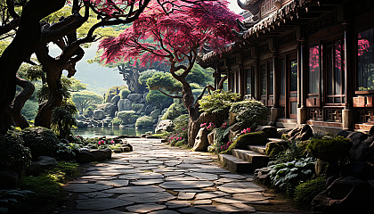 Traditional Chinese garden in spring, with a pagoda, stone paths, willow trees, and a tranquil pond with lotus flowers.
