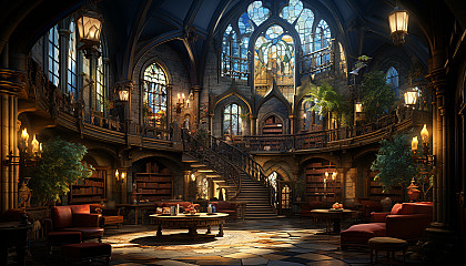 Grand library in a medieval castle, walls lined with ancient books, spiral staircases, and a large stained glass window.