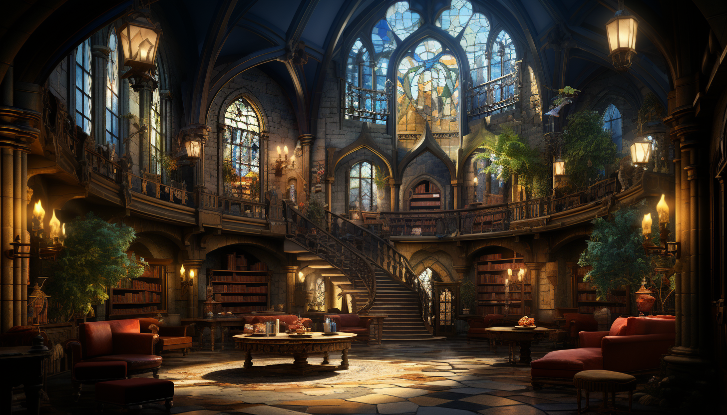 Grand library in a medieval castle, walls lined with ancient books, spiral staircases, and a large stained glass window.