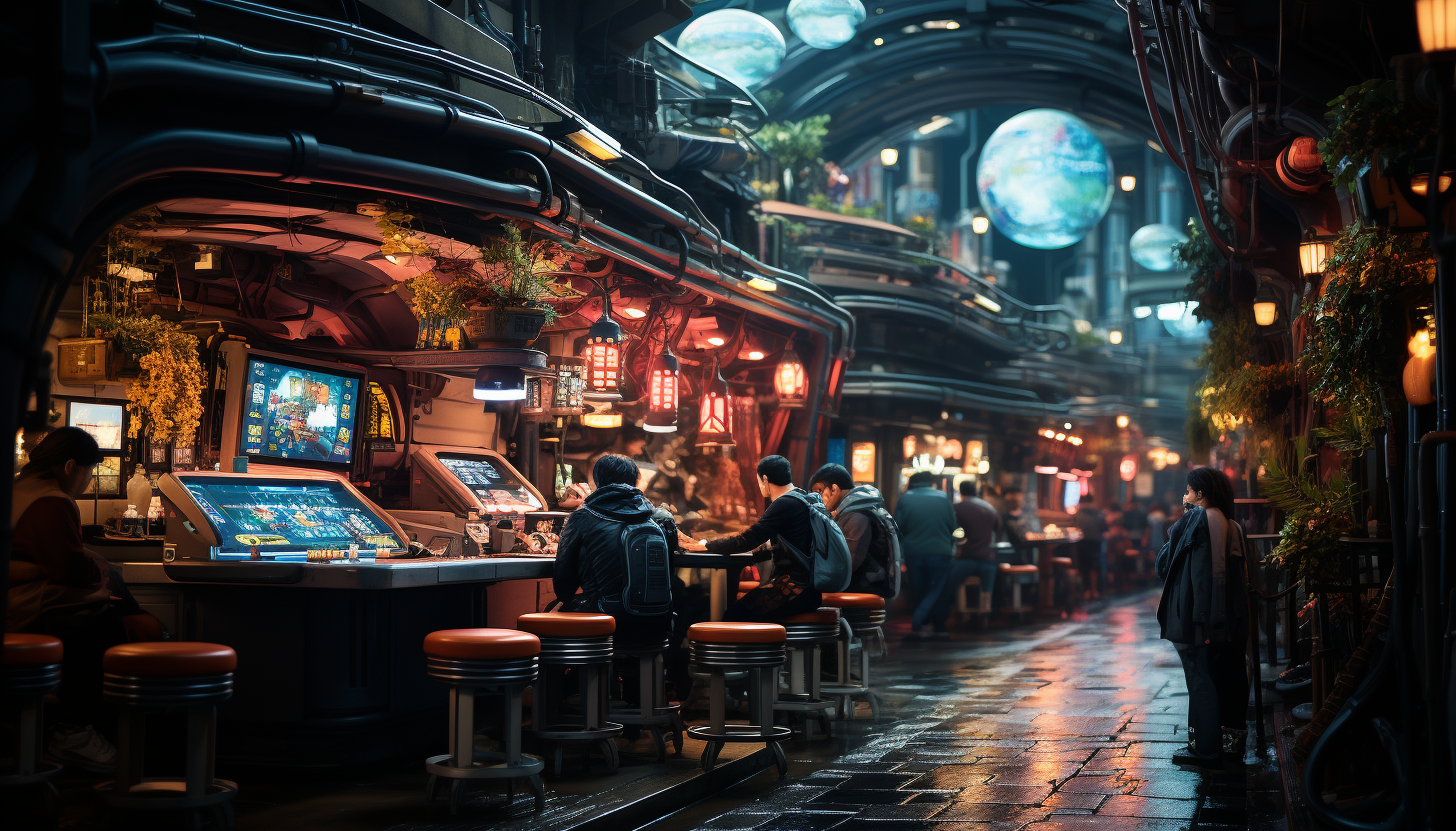 Cyberpunk alleyway bustling with activity, neon signs in multiple languages, diverse characters, and high-tech gadgets on display.