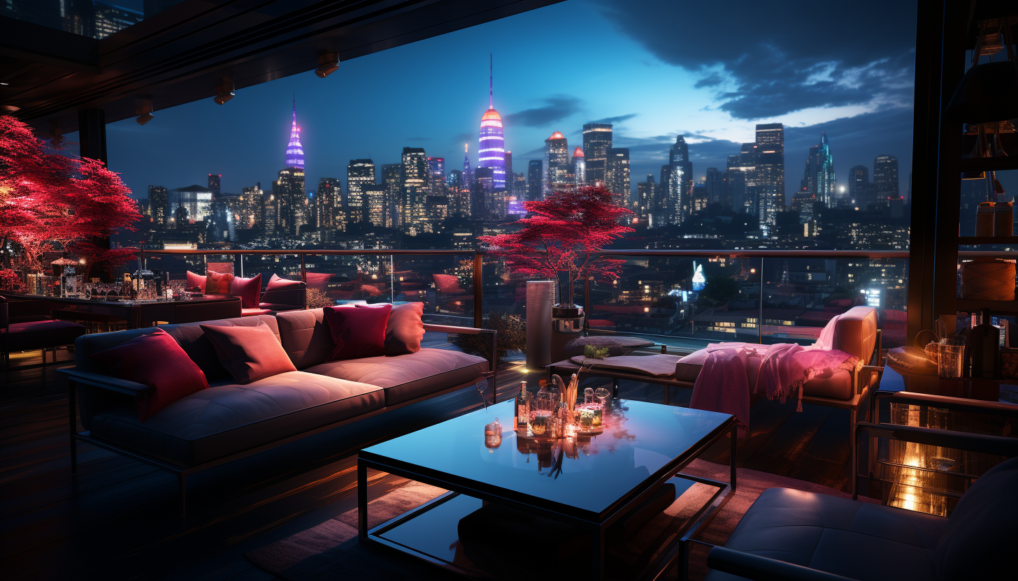 High-tech urban rooftop lounge at night, with sleek furniture, ambient lighting, holographic displays, and a view of neon-lit skyscrapers.