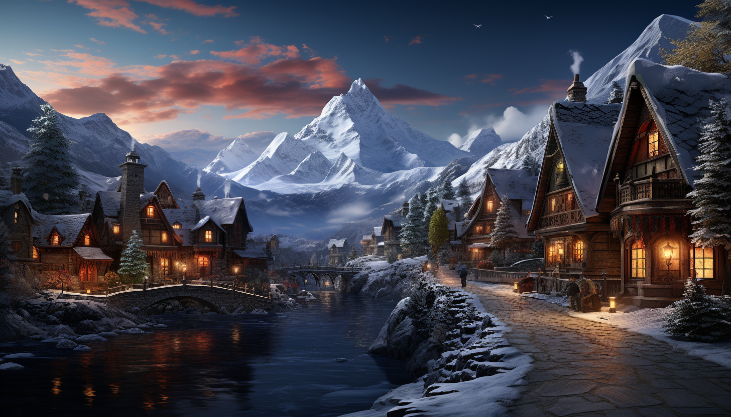 A snowy mountain village during the holiday season, with cozy cabins, a frozen lake for ice skating, and festive decorations.