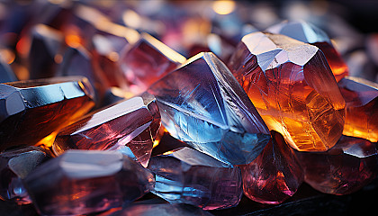 A macro image of a crystal formation, showing geometric patterns and colors.