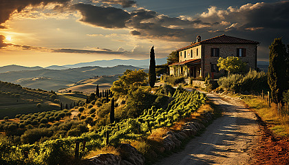 Lush vineyard landscape in Tuscany, with rolling hills, grapevines in neat rows, a rustic stone villa, and the setting sun casting golden hues.