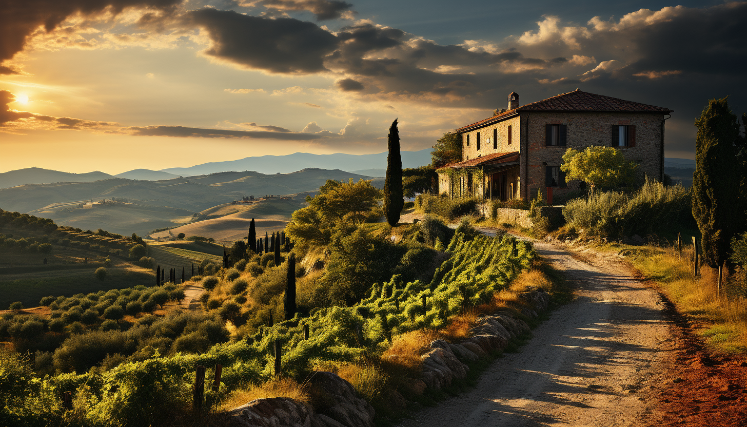 Lush vineyard landscape in Tuscany, with rolling hills, grapevines in neat rows, a rustic stone villa, and the setting sun casting golden hues.