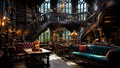 Grand library in a medieval castle, towering bookshelves, ancient tomes, a large globe, and stained glass windows casting colorful light.