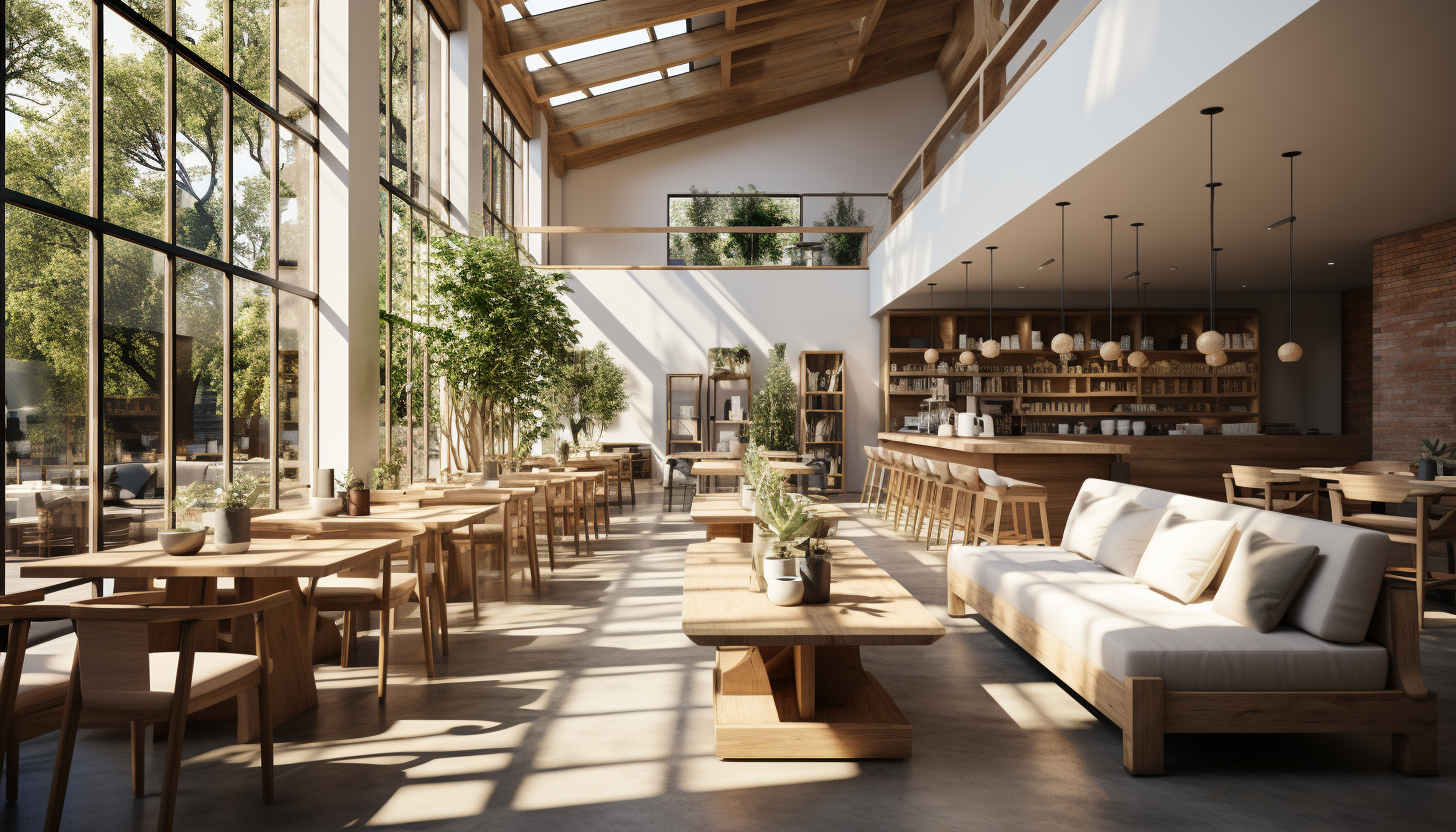 Modern coffee shop interior with minimalist design, large communal tables, a variety of plants, and baristas crafting artisanal drinks.