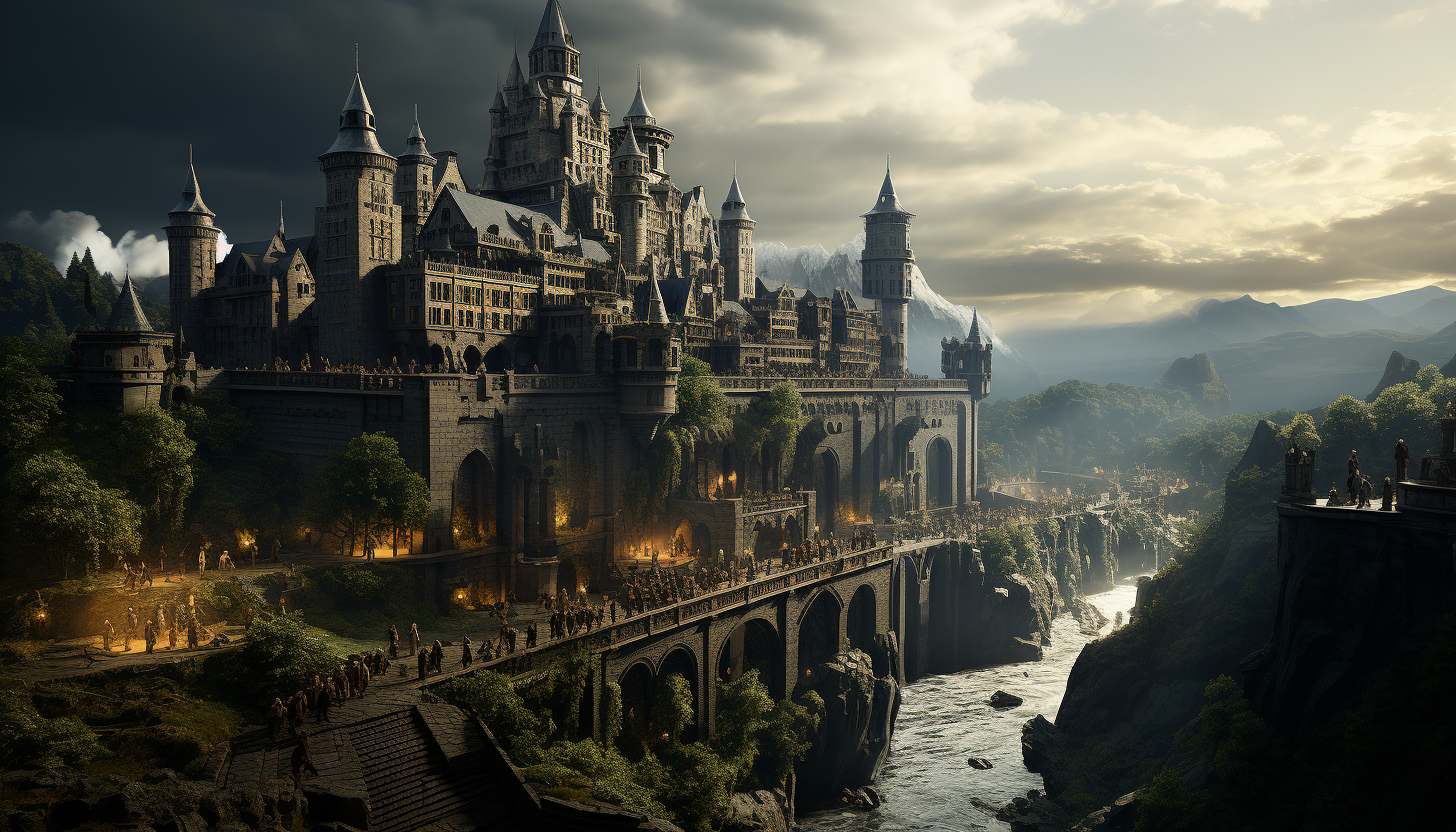 Medieval castle on a misty cliff, with knights, horses, a bustling courtyard, and a distant dragon silhouette.
