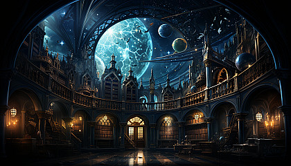 Ancient library with towering bookshelves, globes, celestial maps, mysterious artifacts, and a large, arched window showing a starry night.