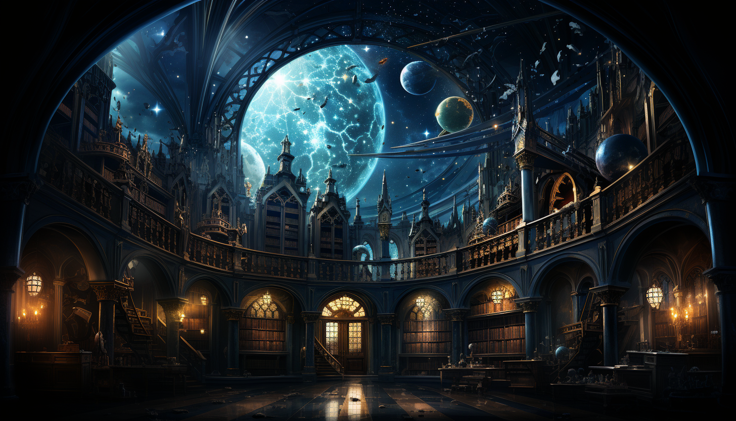 Ancient library with towering bookshelves, globes, celestial maps, mysterious artifacts, and a large, arched window showing a starry night.