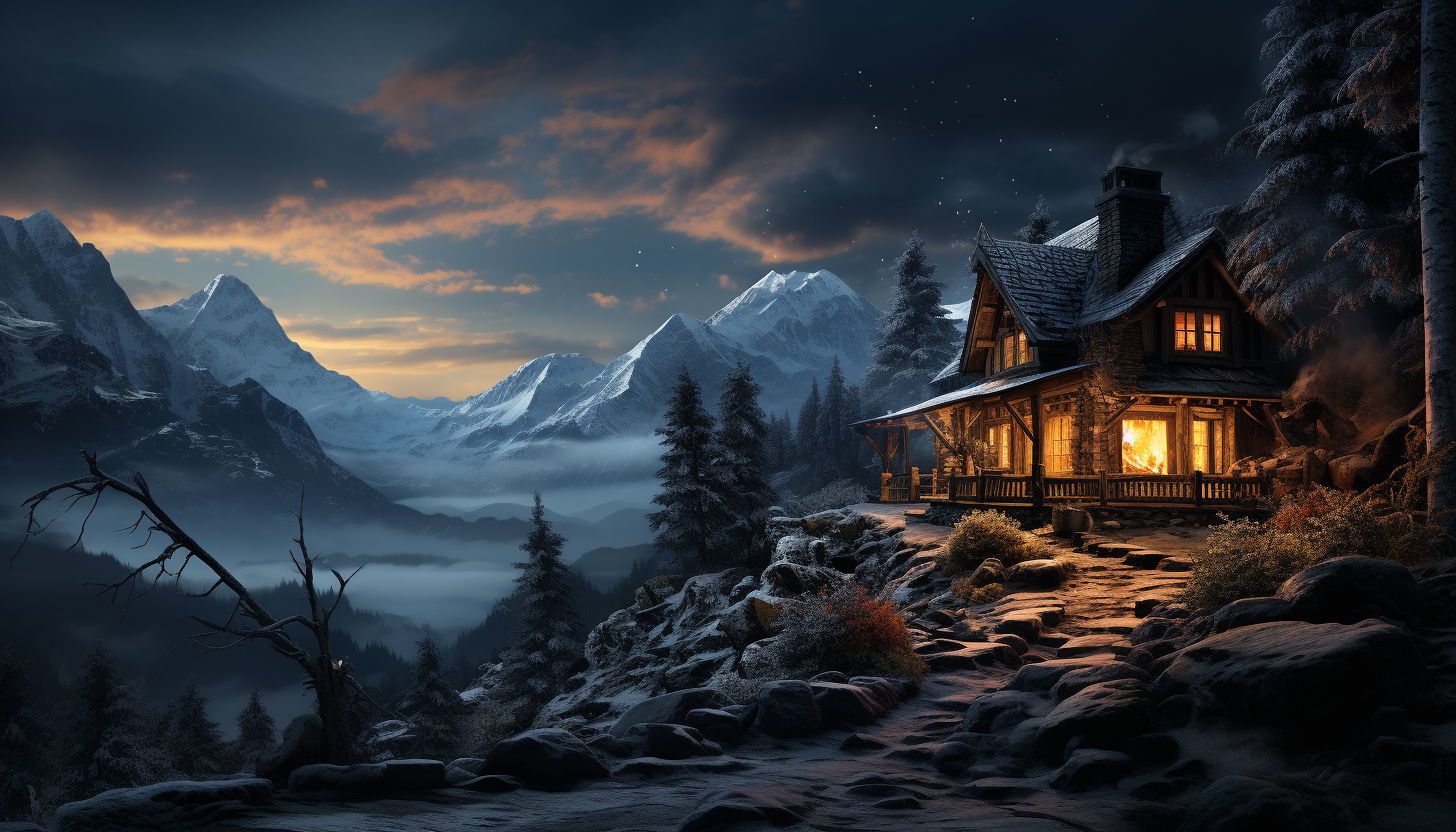 Cozy mountain cabin in winter, surrounded by snow-covered trees, smoke rising from the chimney, and a night sky filled with stars.