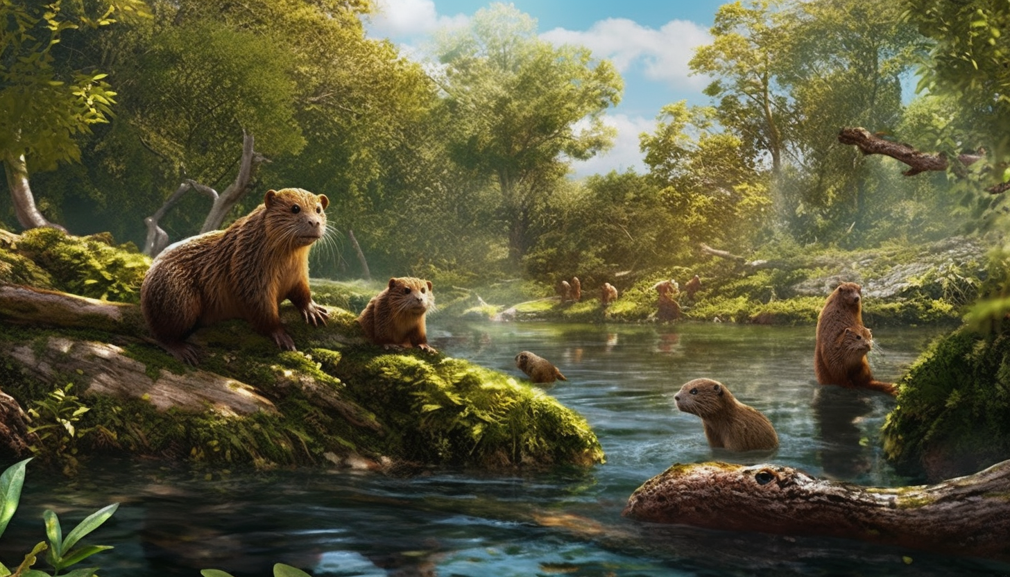 A family of otters playing along a river bank.